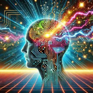 Futuristic retro neon landscape of a human mind with circuitry, overloading with sparks and glowing lines.