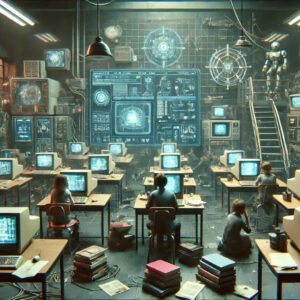 A dystopian classroom with vintage computers, holographic interfaces, robotic teachers, surveillance cameras, and disengaged students in a dark, gritty setting.