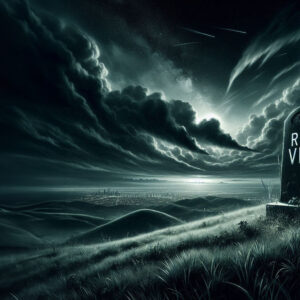 Grassy hill with dark skies and gravestone reading ‘RIP VLE’.