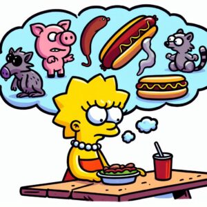 A cartoon person, similar to Lisa Simpson, looks at a hotdog on a picnic table with thought bubbles showing a pig, raccoon, bat, and leather boot.