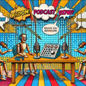 A vibrant pop-art style podcast studio with marionettes hosting, using microphones and equipment, with bright colours and bold comic-like elements.