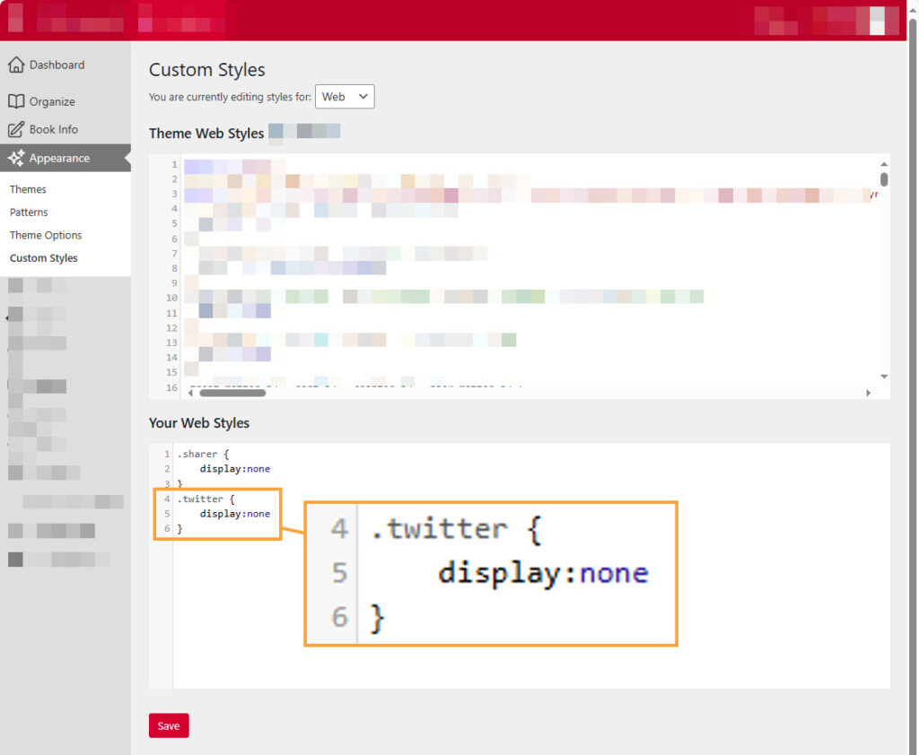 a screenshot of the custom styles page in pressbooks. the css code is magnified.