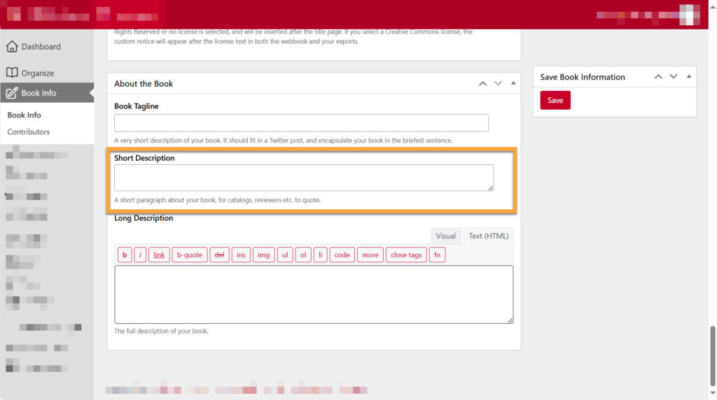 screenshot of pressbooks book info editor