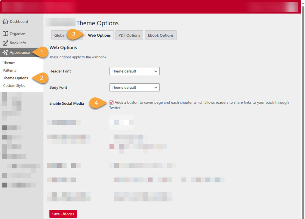 a screen capture showing appearance, theme options, web options, enable social media checkbox