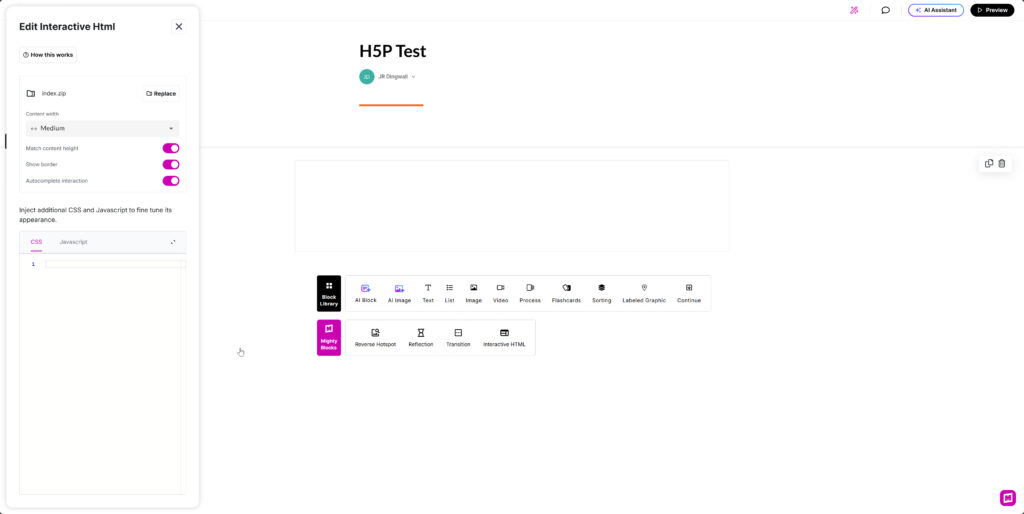 Screenshot of a Rise360 course editor using the Mighty plugin. The screen shows the “Edit Interactive HTML” panel, where a ZIP file (index.zip) is uploaded. Toggles for content height, border, and interaction are enabled. Below, there are tabs for CSS and JavaScript input. The main editor displays block options like AI Block, Image, Text, Flashcards, and a highlighted “Interactive HTML” block.