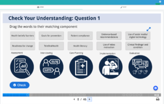 Drag and drop self-check interaction from Module 3: Oral Hygiene Self-Care Education (slide 8).
