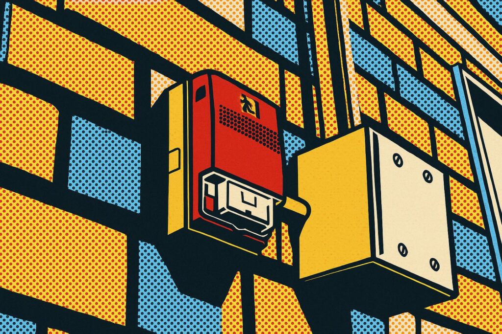 Pop art fire alarm and electrical box on a brick wall with halftone dots and bold outlines.